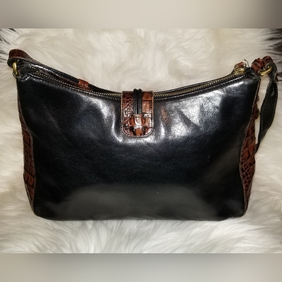 Vintage BRAHMIN Black Brown Crocodile Print Leather Womens ShouldePurse Handbag - Picture 2 of 11